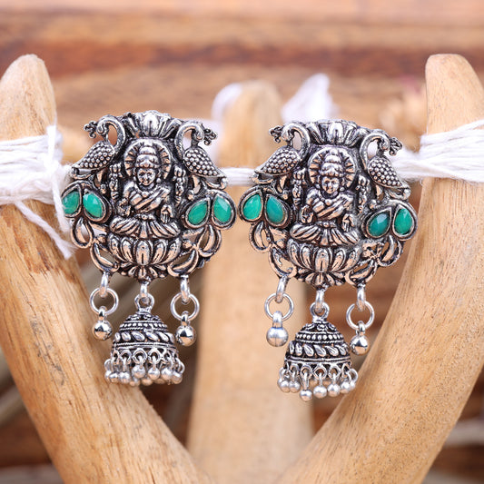 Green Stone Studded Laxmi Motif Earrings