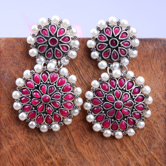 Red Stone Double Circle Statement Dangler Earrings