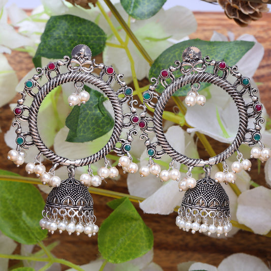 Multicolored Stone Studded Hoops With Hanging Jhumki