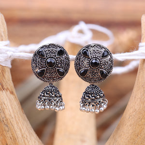 Black Stone Studded Beautiful Oxidised Earrings With Hanging Jhumki
