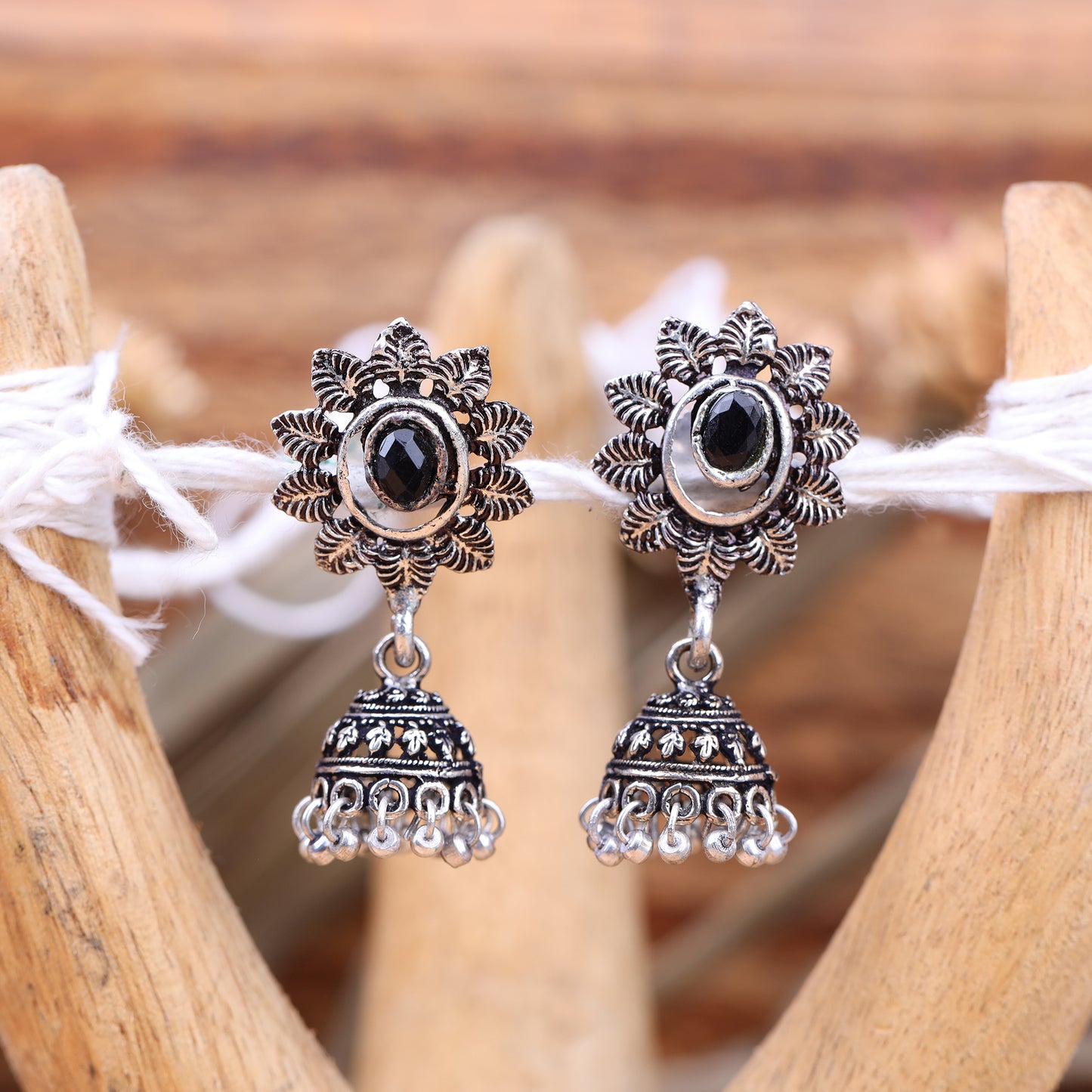 Black Stone Studded Oxidised Dangler Earrings