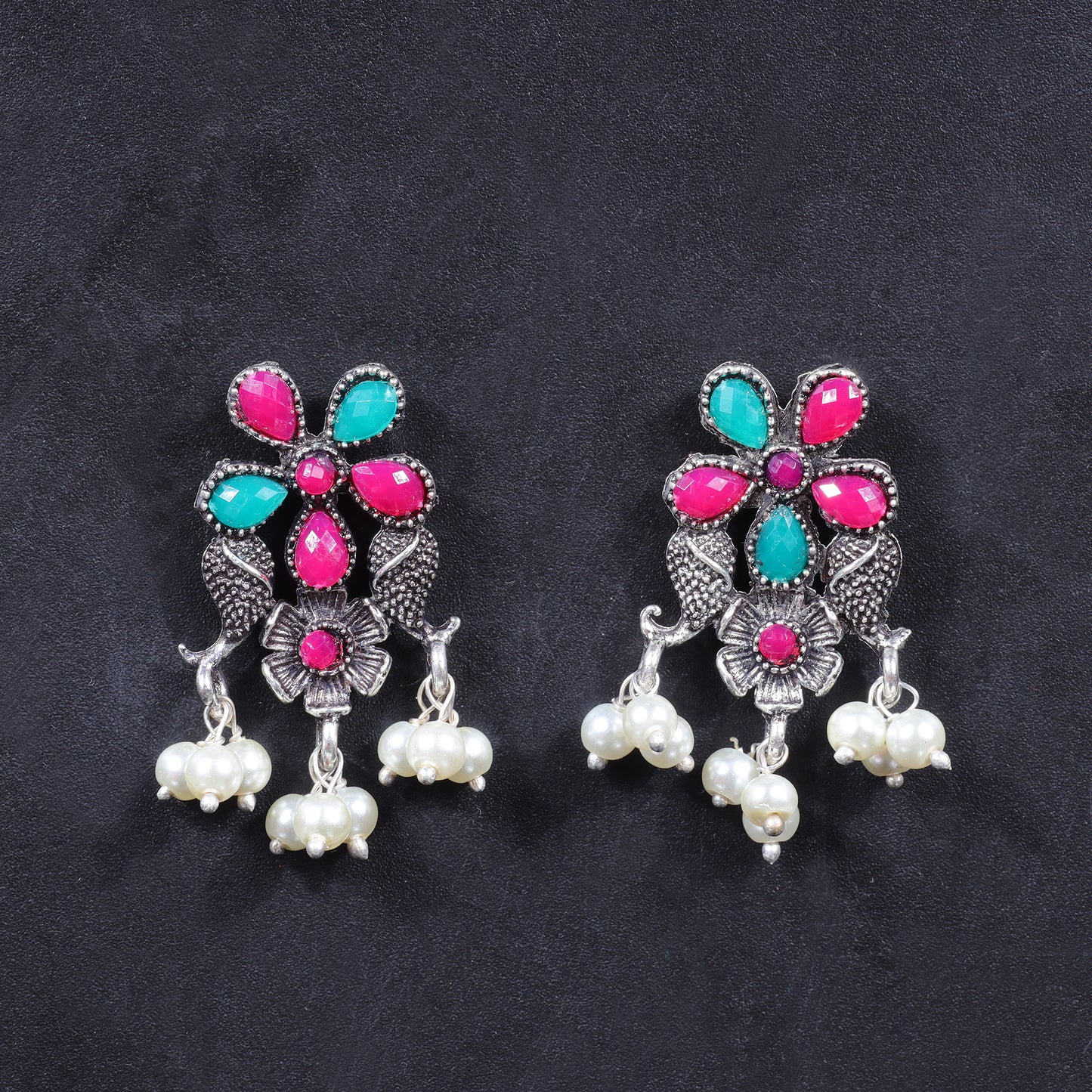 Multicolored Stone Studded Oxidised Earrings With Hanging Pearl