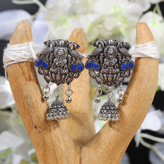 Blue Stone Studded Laxmi Motif Earrings