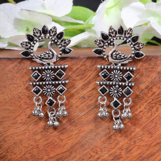 Black Stone Studded Peacock Motif Light Earrings