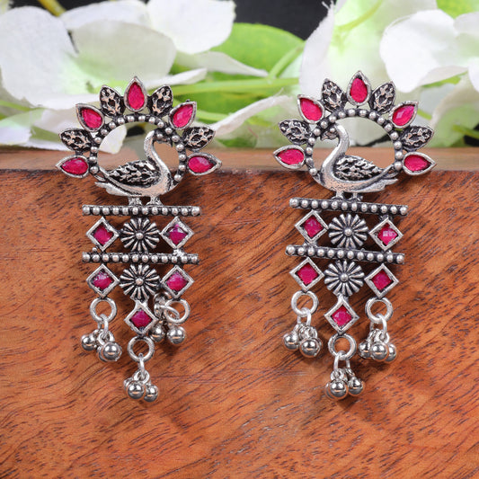 Red Stone Studded Peacock Motif Light Earrings