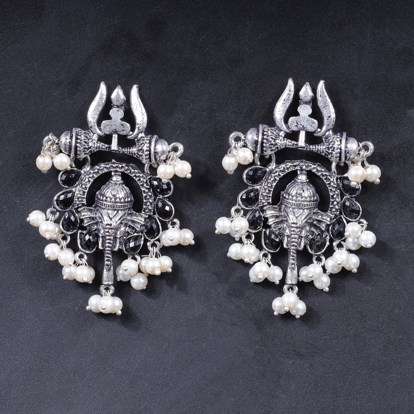 Black Stone Studded Beautiful Ganesha Earrings With Hanging Baby Pearls