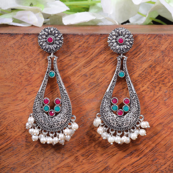 Multicolored Stone Studded Statement Earrings With Hanging Pearls