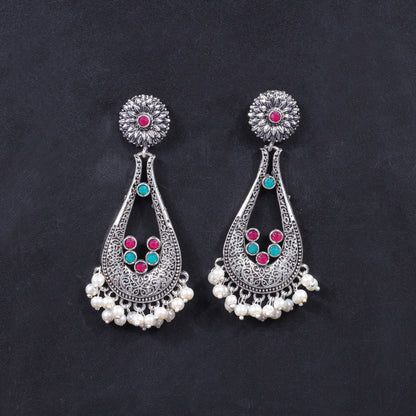 Multicolored Stone Studded Statement Earrings With Hanging Pearls