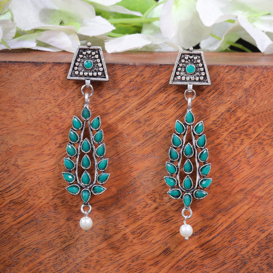 Green Stone Studded Statement Earrings With Hanging Pearls