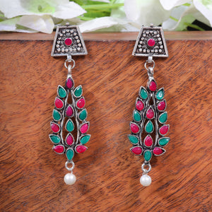 Multicolored Stone Studded Statement Earrings With Hanging Pearls