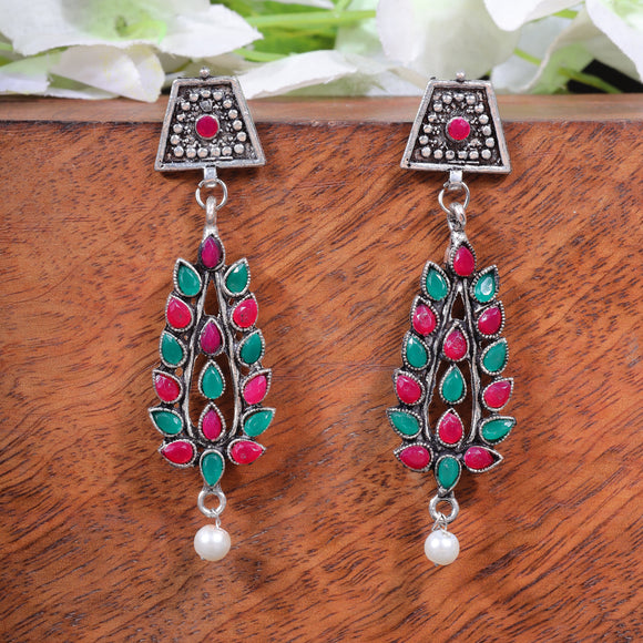 Multicolored Stone Studded Statement Earrings With Hanging Pearls