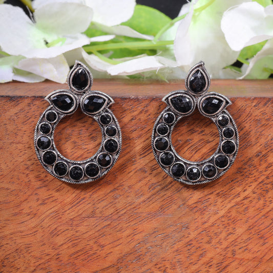 Black Stone Studded Circular Stud Earrings