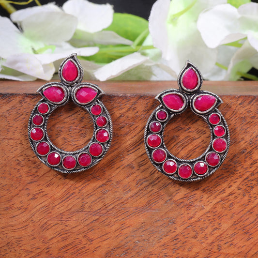 Red Stone Studded Circular Stud Earrings