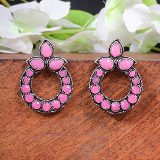 Pink Stone Studded Circular Stud Earrings