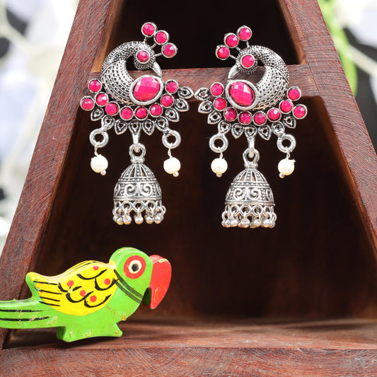 Red Stone Studded Peacock Shaped Danglers With Hanging Jhumki