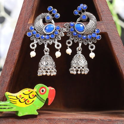 Blue Stone Studded Peacock Shaped Danglers With Hanging Jhumki