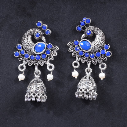 Blue Stone Studded Peacock Shaped Danglers With Hanging Jhumki