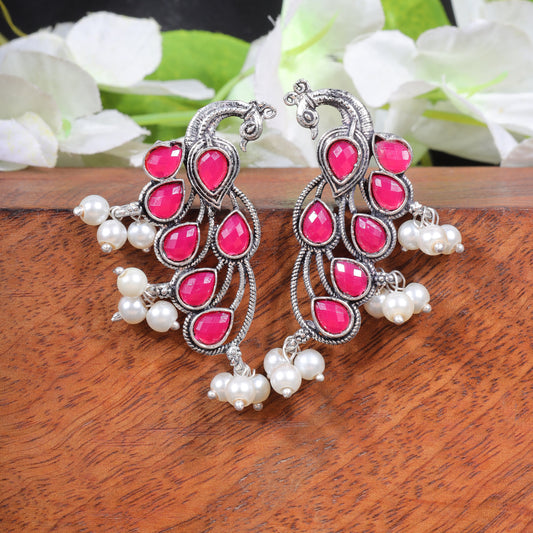 Red Stone Studded Peacock Shaped Earrings With Hanging Pearls