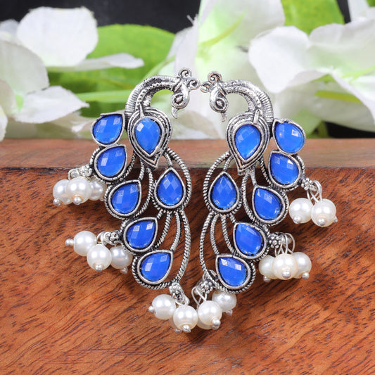 Blue Stone Studded Peacock Shaped Earrings With Hanging Pearls