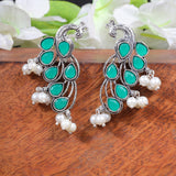 Green Stone Studded Peacock Shaped Earrings With Hanging Pearls