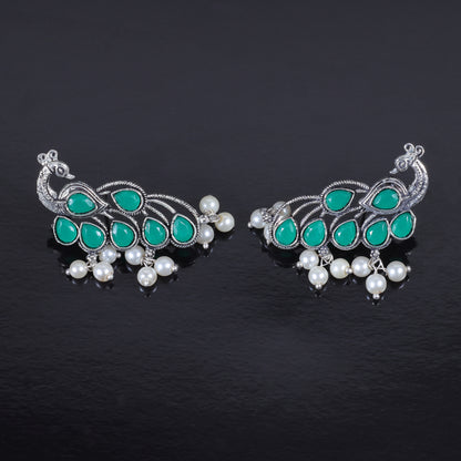 Green Stone Studded Peacock Shaped Earrings With Hanging Pearls