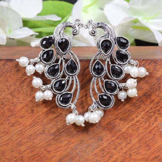 Black Stone Studded Peacock Shaped Earrings With Hanging Pearls