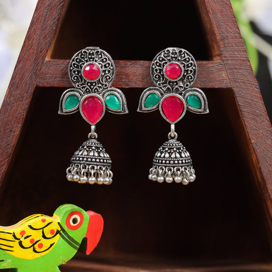 Multicolored Stone Studded Intricate Earrings With Hanging Jhumki