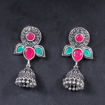 Multicolored Stone Studded Intricate Earrings With Hanging Jhumki