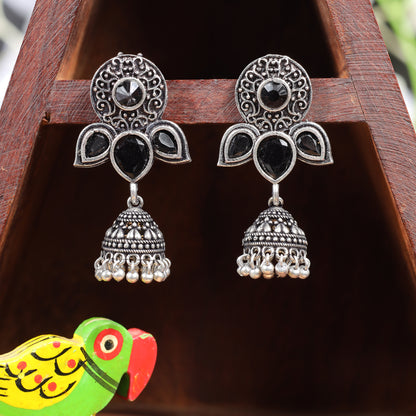 Black Stone Studded Intricate Earrings With Hanging Jhumki