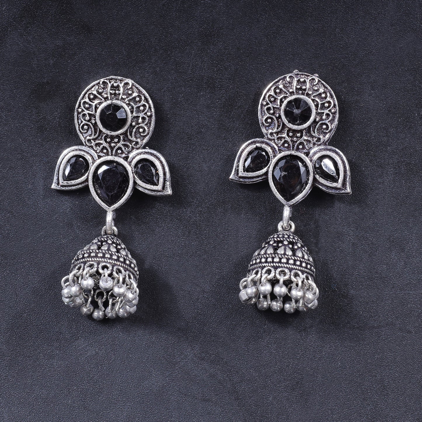 Black Stone Studded Intricate Earrings With Hanging Jhumki