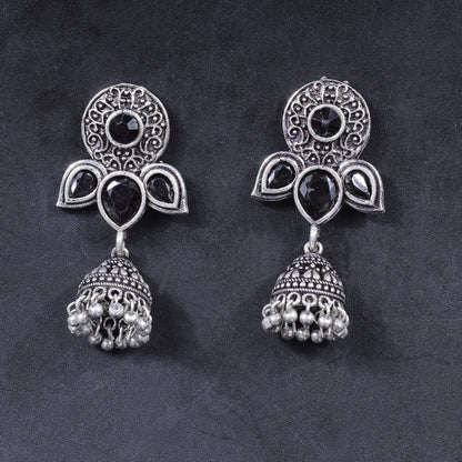 Black Stone Studded Intricate Earrings With Hanging Jhumki