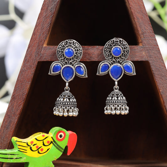 Blue Stone Studded Intricate Earrings With Hanging Jhumki