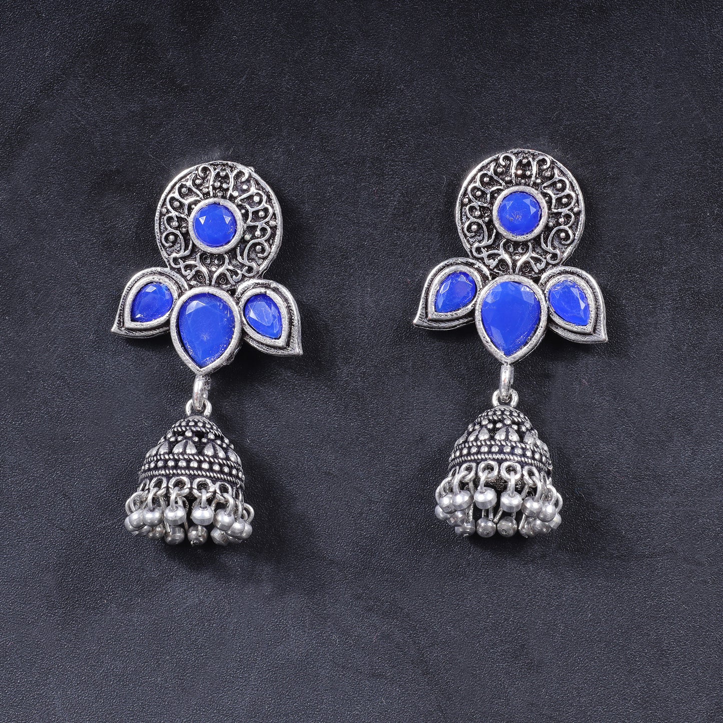 Blue Stone Studded Intricate Earrings With Hanging Jhumki