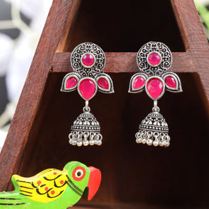 Red Stone Studded Intricate Earrings With Hanging Jhumki