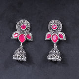 Red Stone Studded Intricate Earrings With Hanging Jhumki