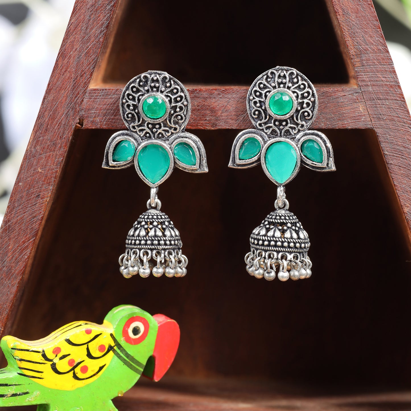 Green Stone Studded Intricate Earrings With Hanging Jhumki