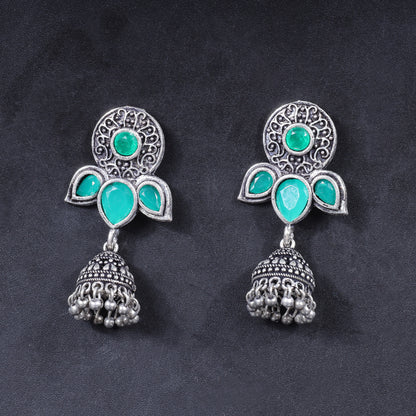 Green Stone Studded Intricate Earrings With Hanging Jhumki