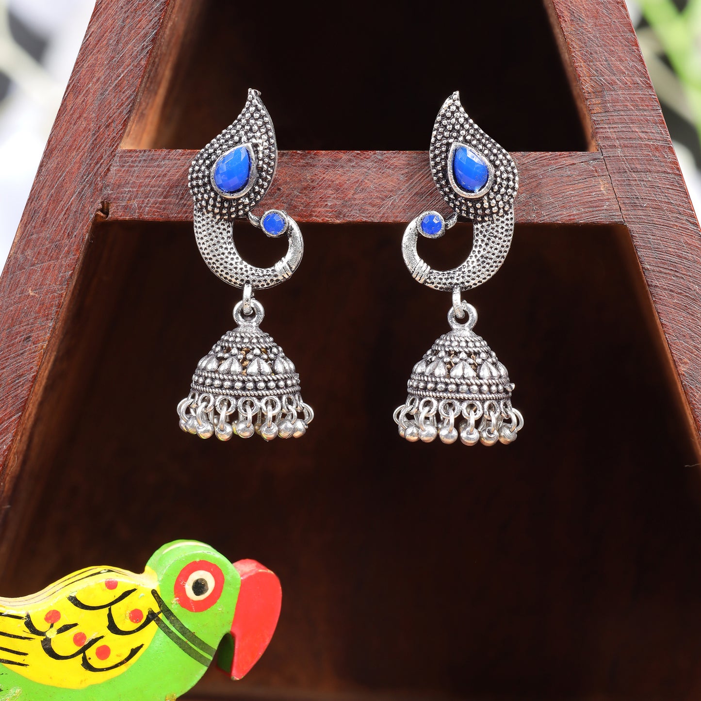 Blue Stone Studded Tiny Peacock Earrings With Hanging Jhumki