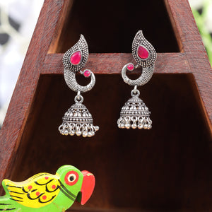 Red Stone Studded Tiny Peacock Earrings With Hanging Jhumki