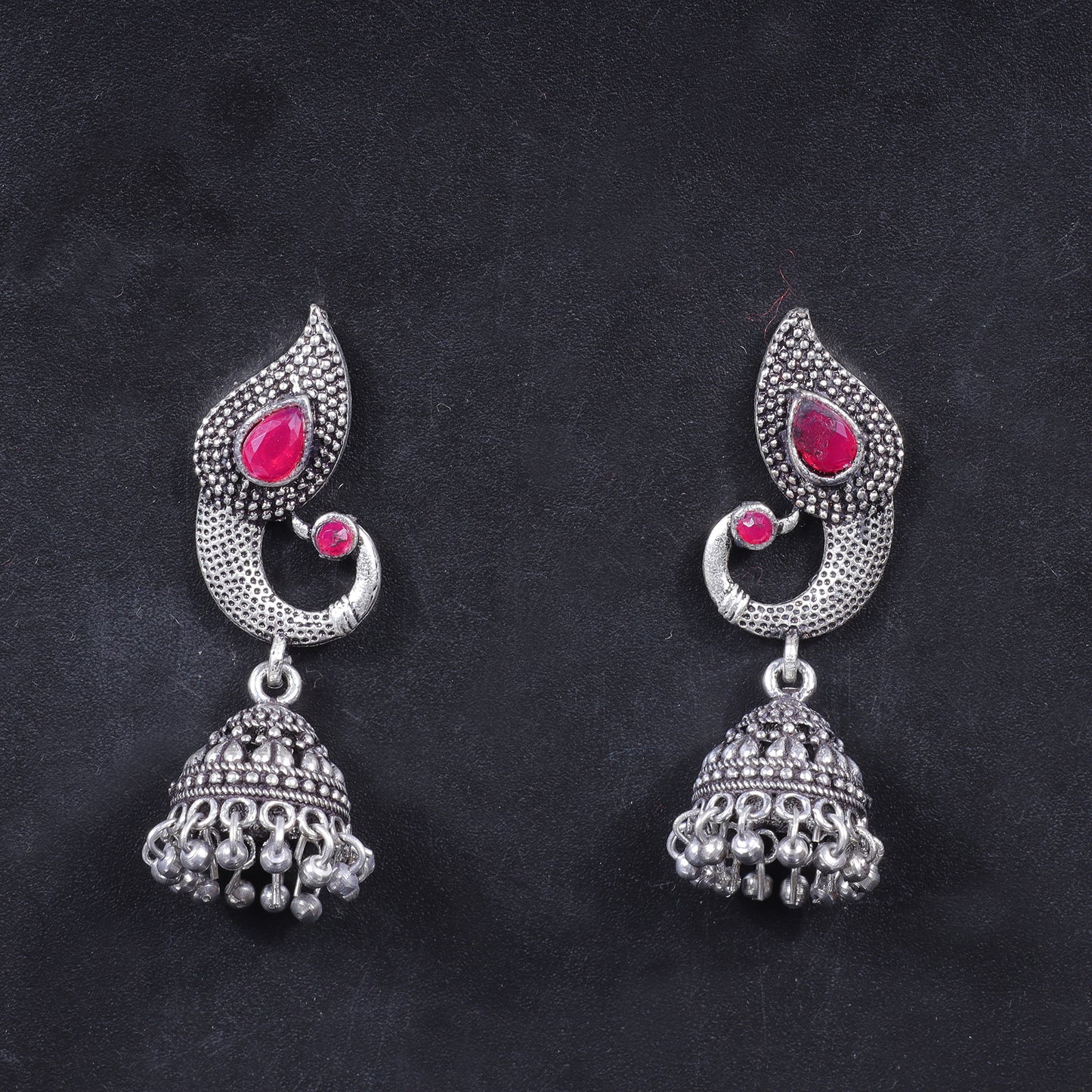 Red Stone Studded Tiny Peacock Earrings With Hanging Jhumki