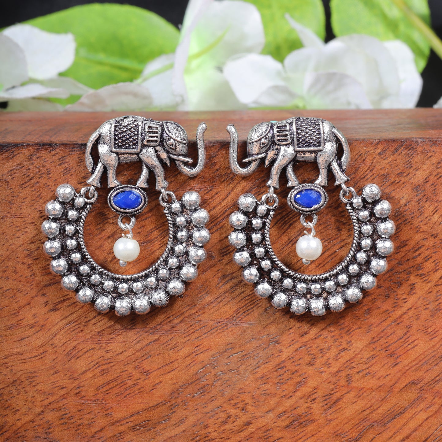 Blue Stone Studded Elephant Earrings