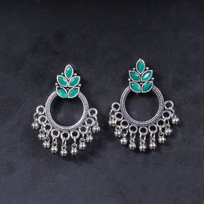 Green Stone Studded Intricate Oxidised Earrings