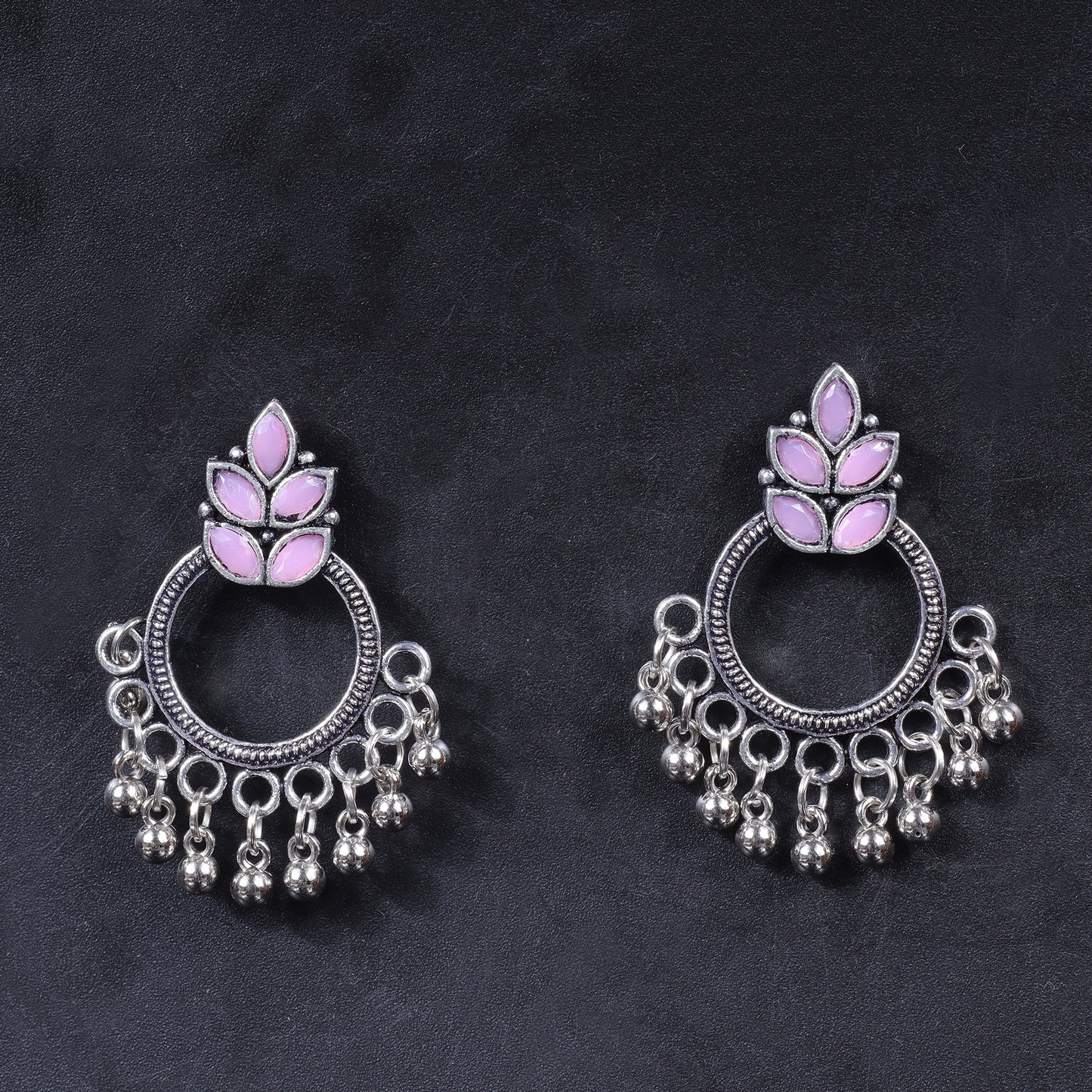 Baby Pink Stone Studded Intricate Oxidised Earrings