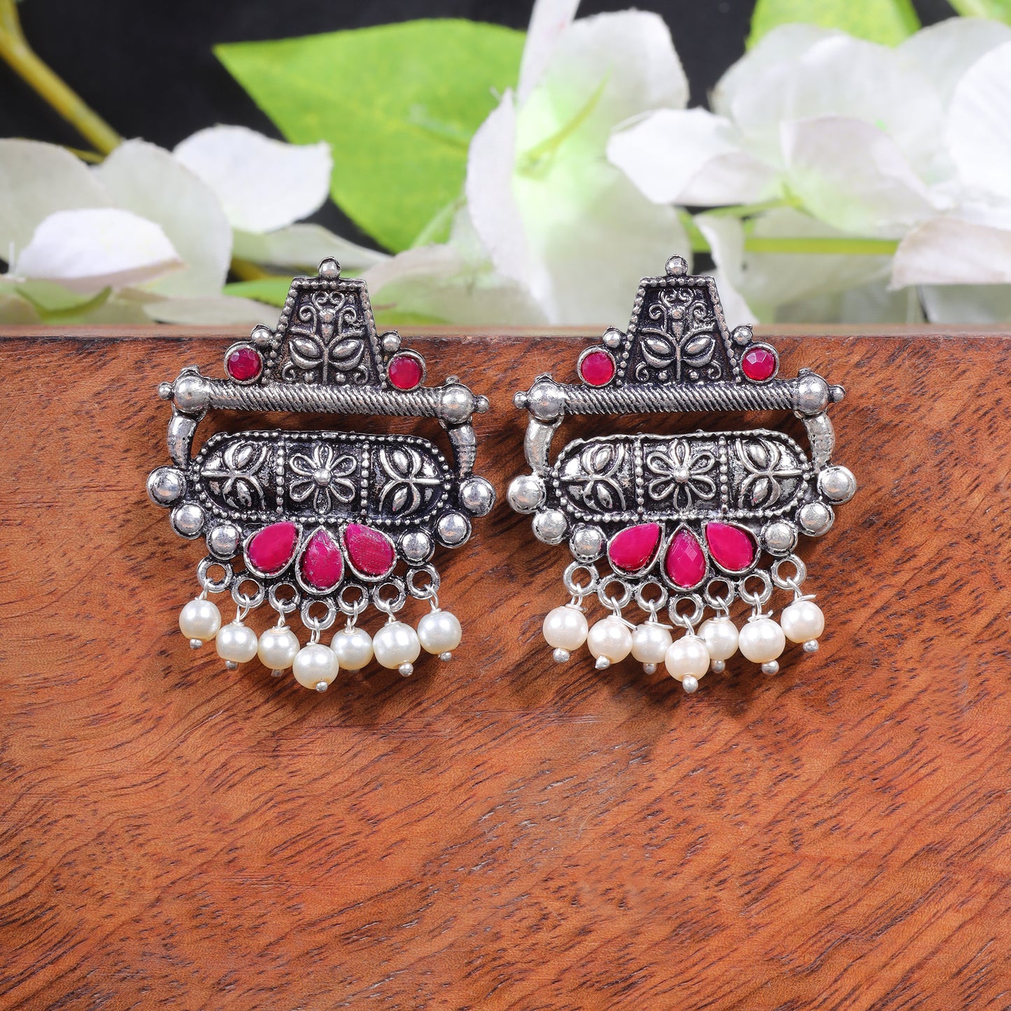 Red Stone Studded Oxidised Earrings With Hanging Pearl