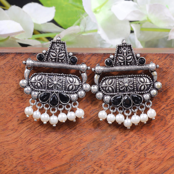 Black Stone Studded Oxidised Earrings With Hanging Pearl