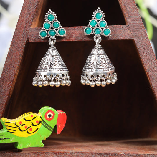 Green Stone Studded Conical Oxidised Earrings With Hanging Jhumki