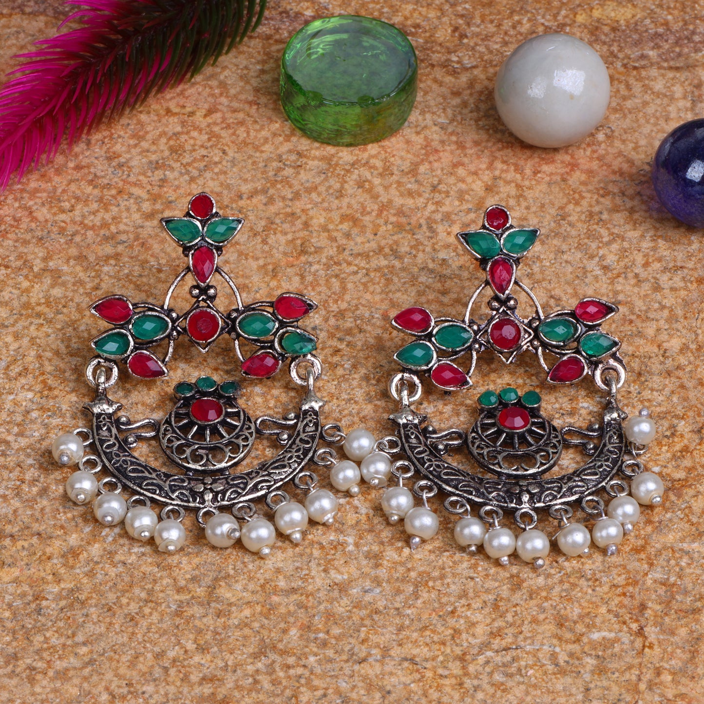 Multicolored Stone Studded Beautiful Oxidised Danglers With Hanging Baby Pearls