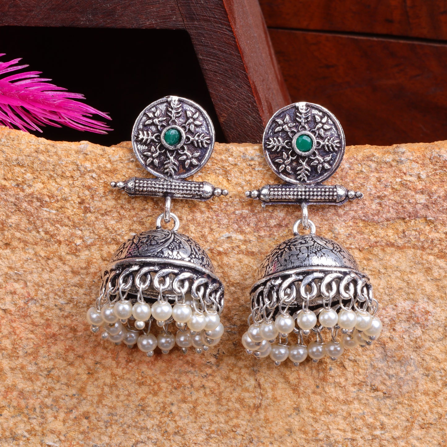 Green Stone Studded Oxidised Earrings With Hanging Pearls