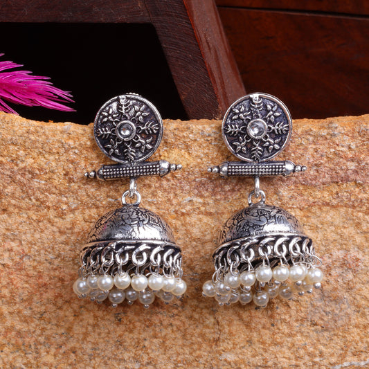 White Stone Studded Oxidised Earrings With Hanging Pearls