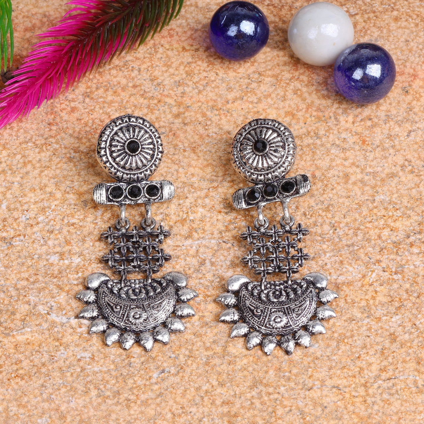 Black Stone Studded Rajwada Style Statement Danglers